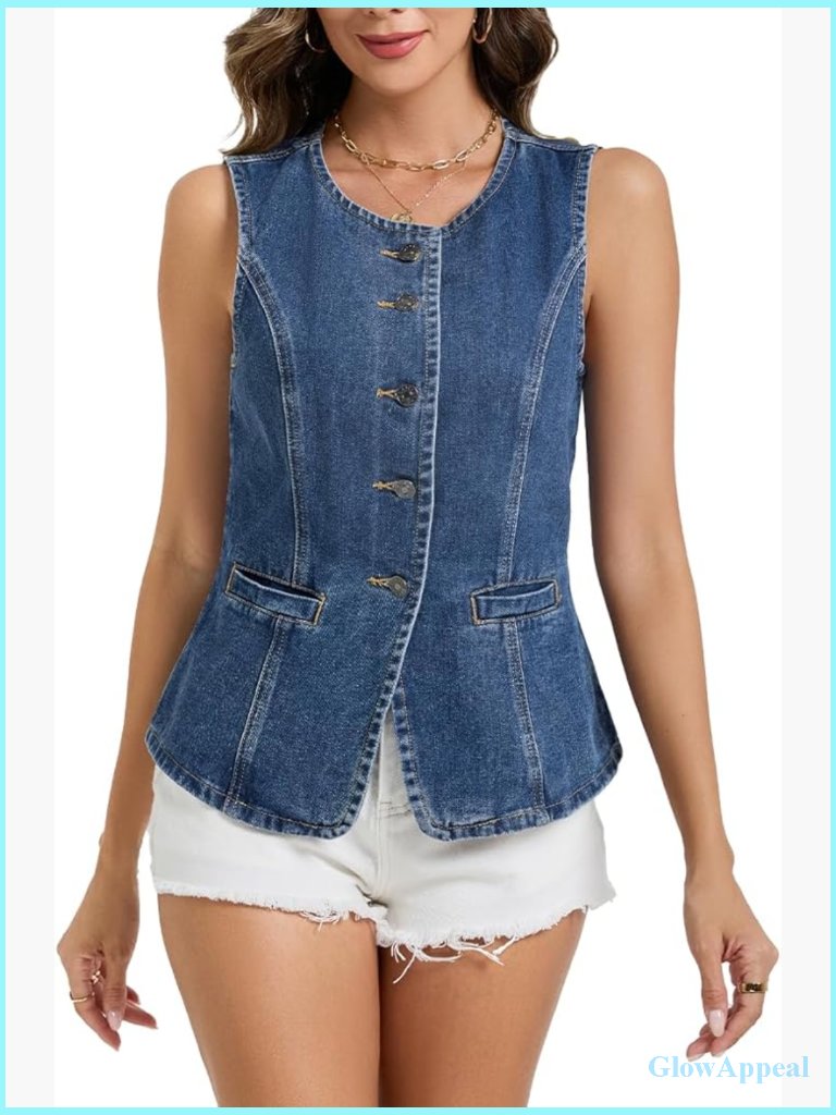 Women's Denim Vest Sleeveless Waistcoat Blazer Jean Tank Top Button Down
